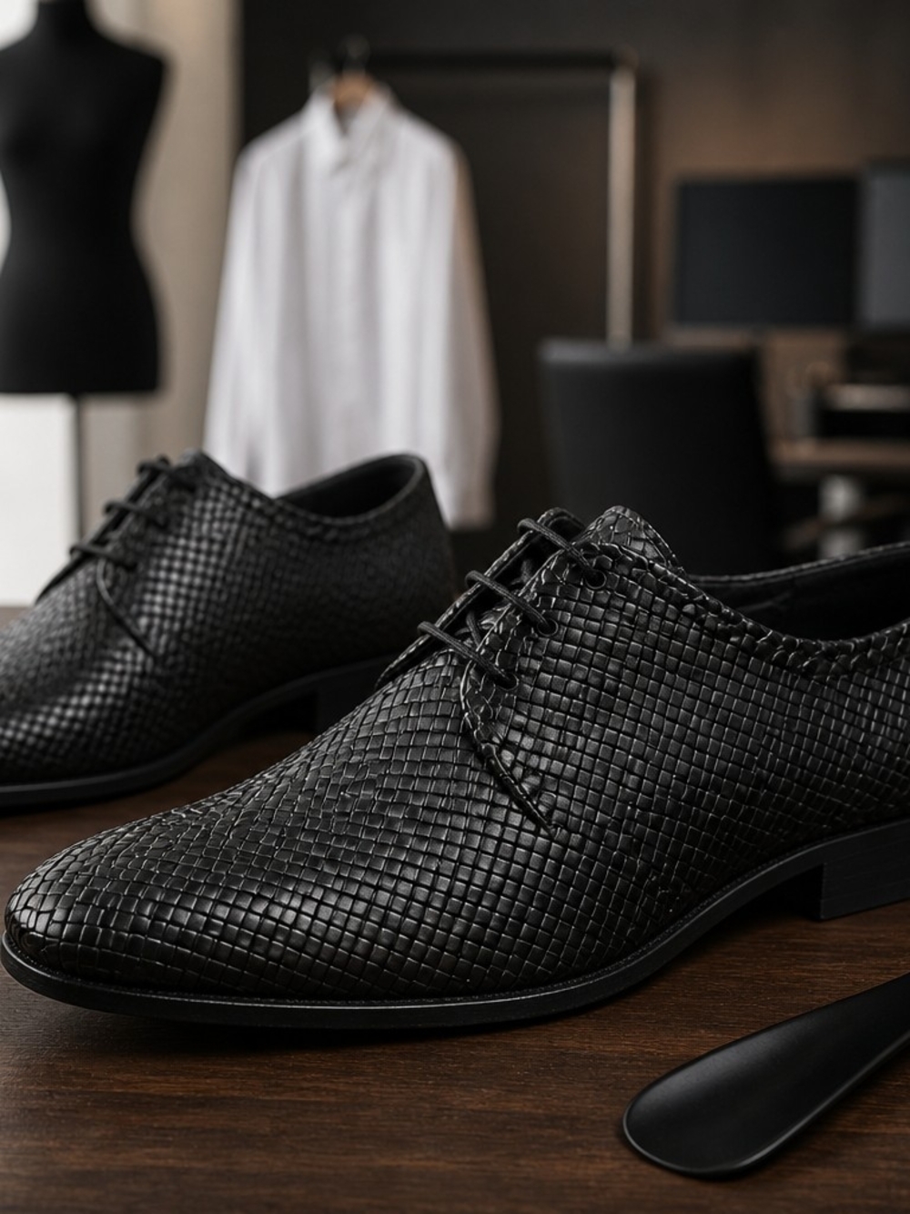 a. testoni Handmade Woven Leather Derby Shoes Black EU 8 Made in Italy